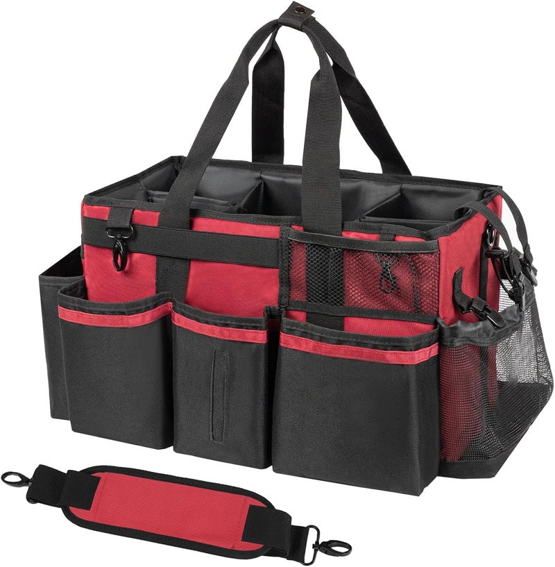 SCAVATA Wearable Cleaning Caddy, Cleaning Caddy Supplies Organizer with Handle & Shoulder Straps for Housekeepers, Under Sink & Car Cleaning Tool Organizers Bag with 4 Foldable Divider (Wine) - Image 1